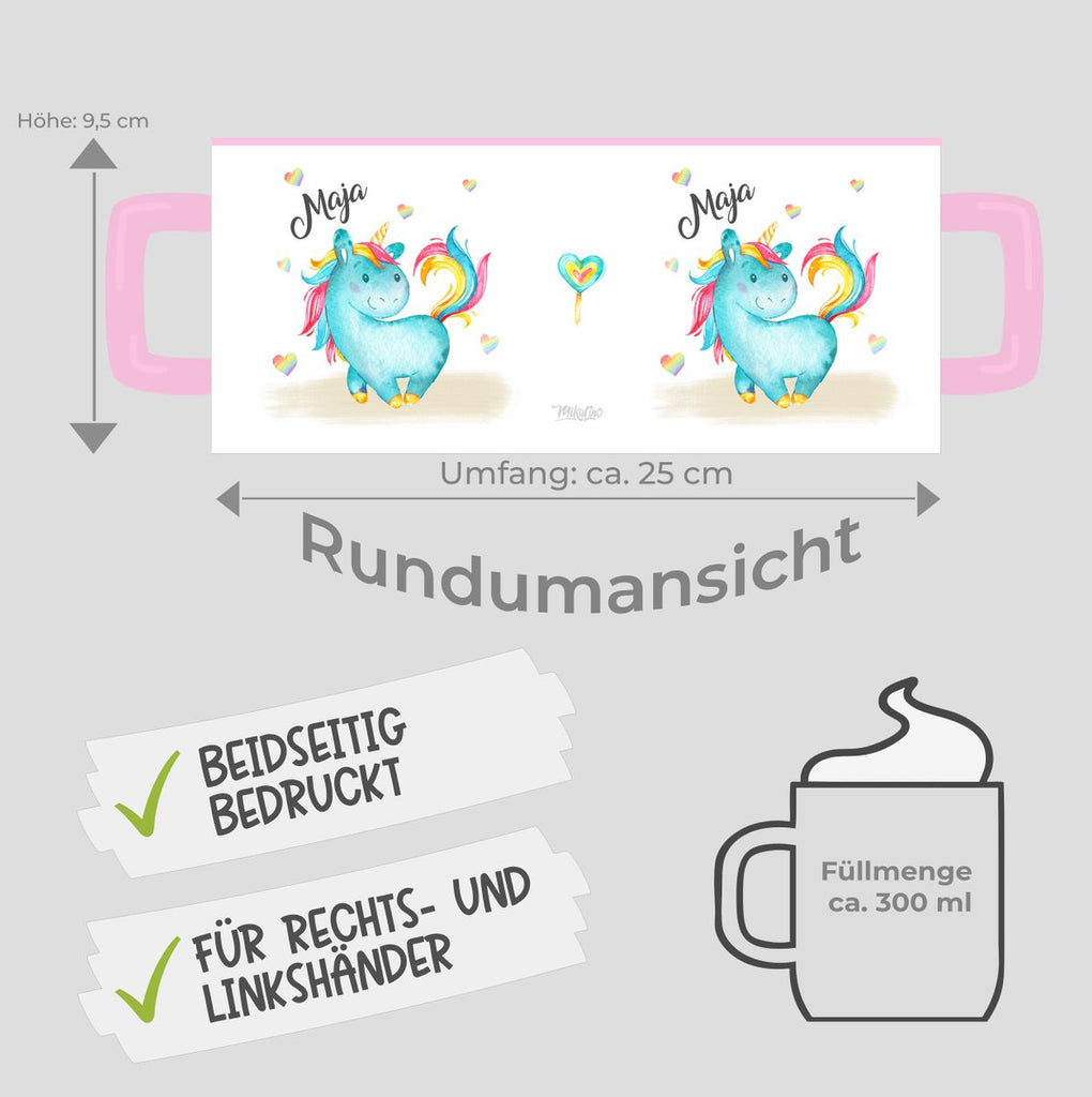 Keramik Tasse Niedliches Einhorn mit Regenbogenherzen personalisiert mit Wunschname - von Mikalino