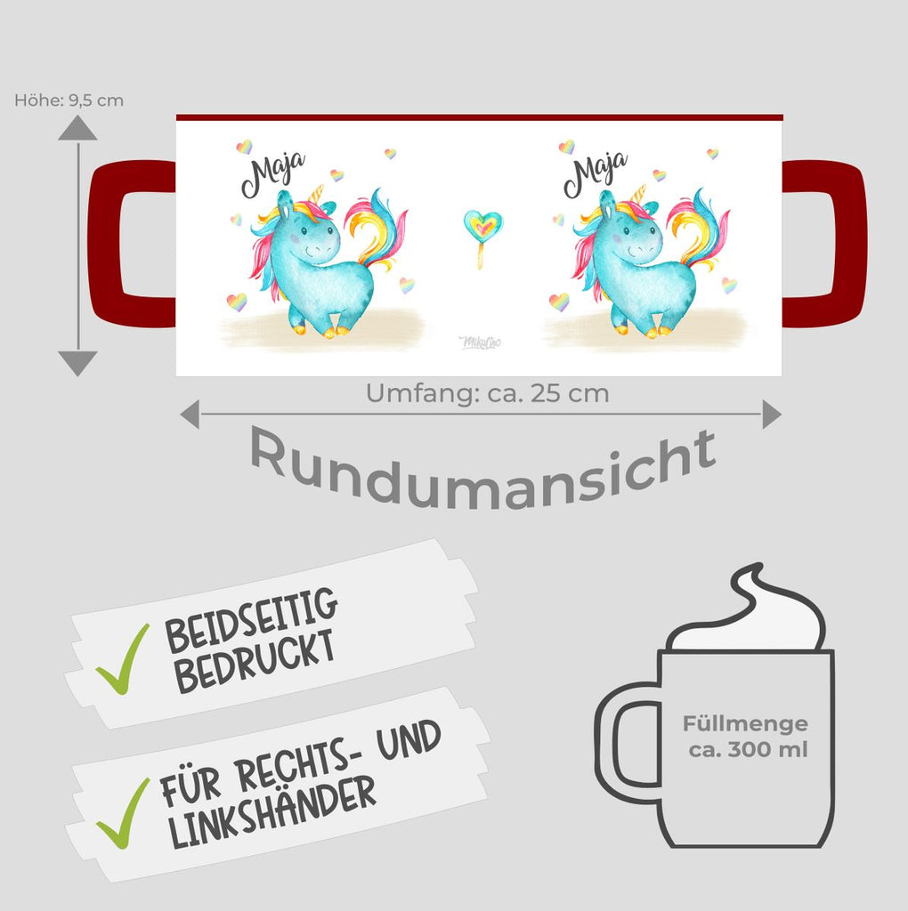 Keramik Tasse Niedliches Einhorn mit Regenbogenherzen personalisiert mit Wunschname - von Mikalino