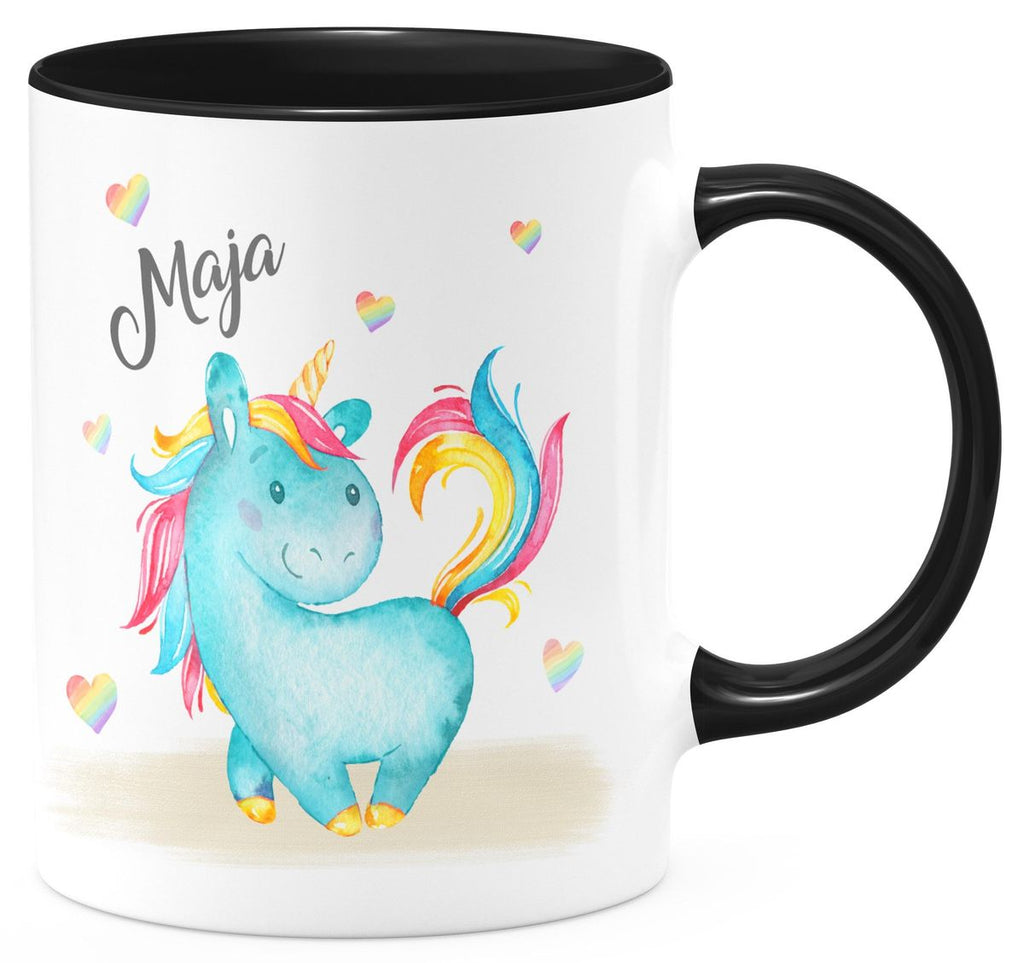 Keramik Tasse Niedliches Einhorn mit Regenbogenherzen personalisiert mit Wunschname - von Mikalino