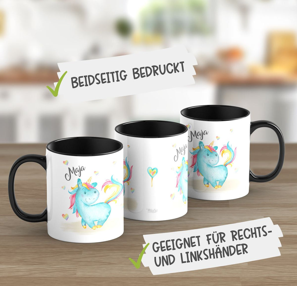 Keramik Tasse Niedliches Einhorn mit Regenbogenherzen personalisiert mit Wunschname - von Mikalino