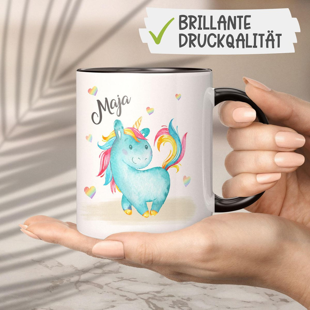 Keramik Tasse Niedliches Einhorn mit Regenbogenherzen personalisiert mit Wunschname - von Mikalino