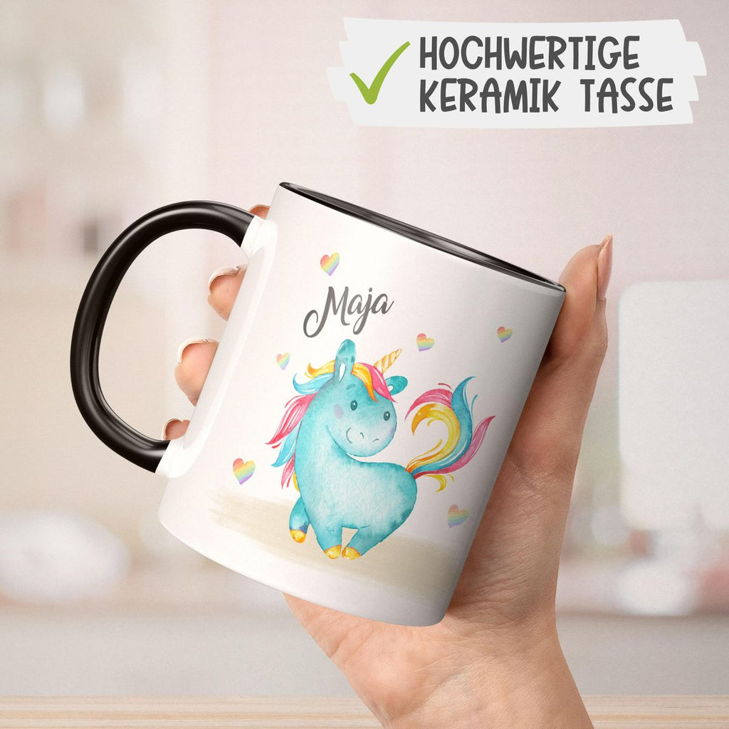 Keramik Tasse Niedliches Einhorn mit Regenbogenherzen personalisiert mit Wunschname - von Mikalino