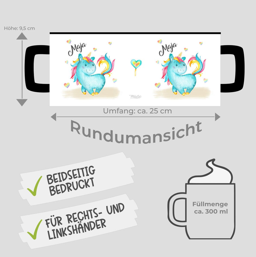 Keramik Tasse Niedliches Einhorn mit Regenbogenherzen personalisiert mit Wunschname - von Mikalino