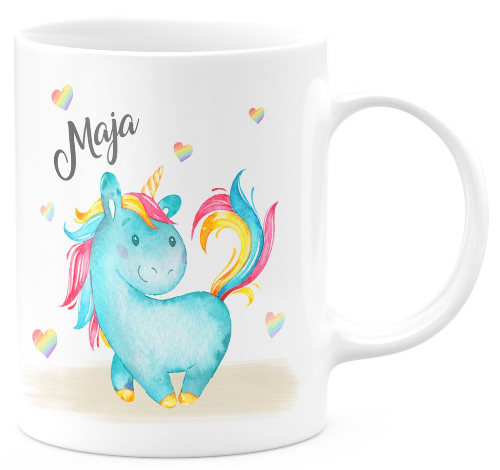 Keramik Tasse Niedliches Einhorn mit Regenbogenherzen personalisiert mit Wunschname - von Mikalino