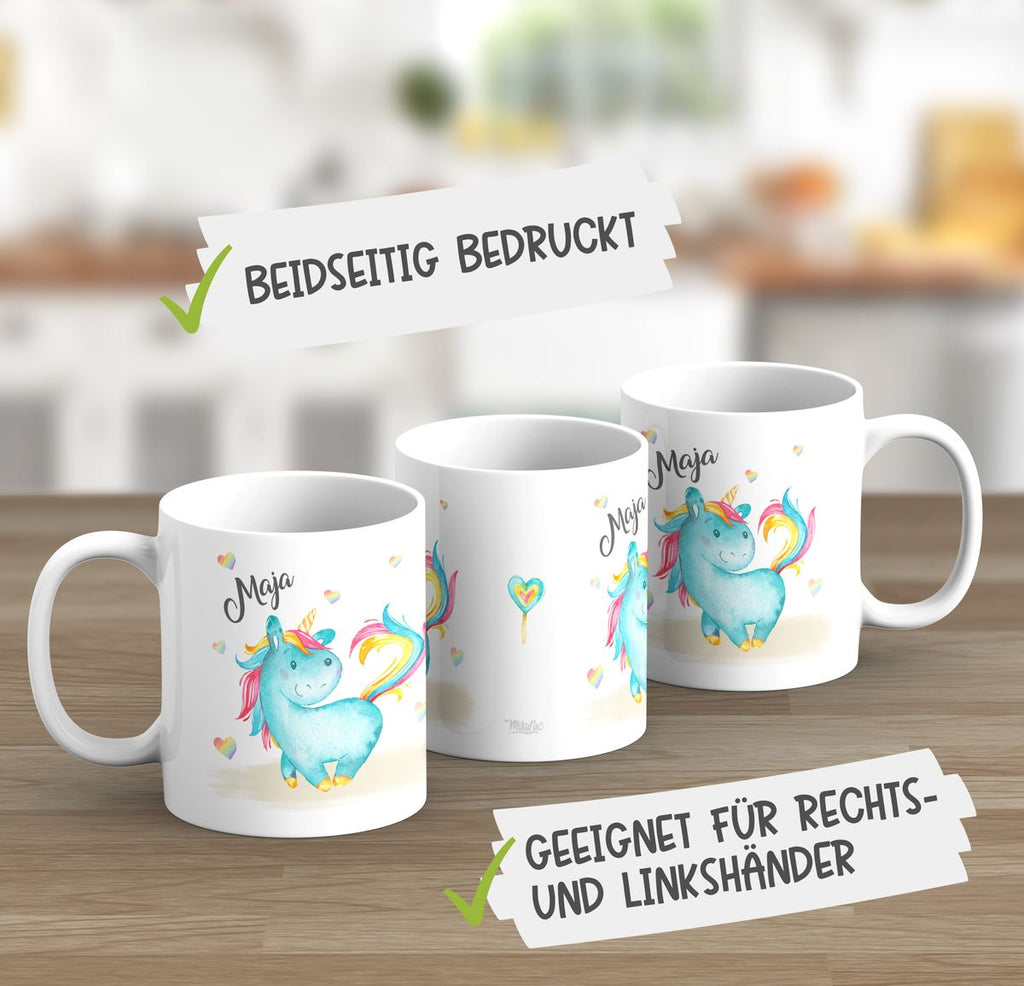 Keramik Tasse Niedliches Einhorn mit Regenbogenherzen personalisiert mit Wunschname - von Mikalino