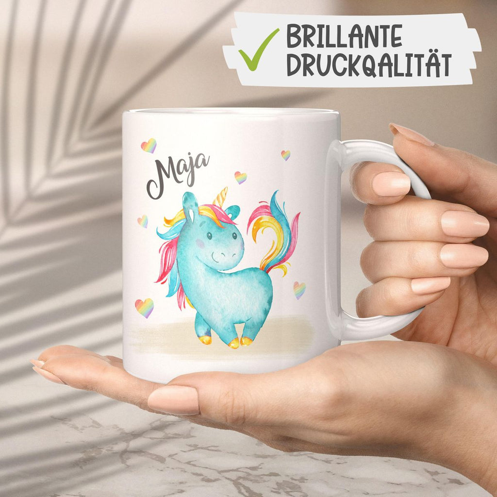 Keramik Tasse Niedliches Einhorn mit Regenbogenherzen personalisiert mit Wunschname - von Mikalino