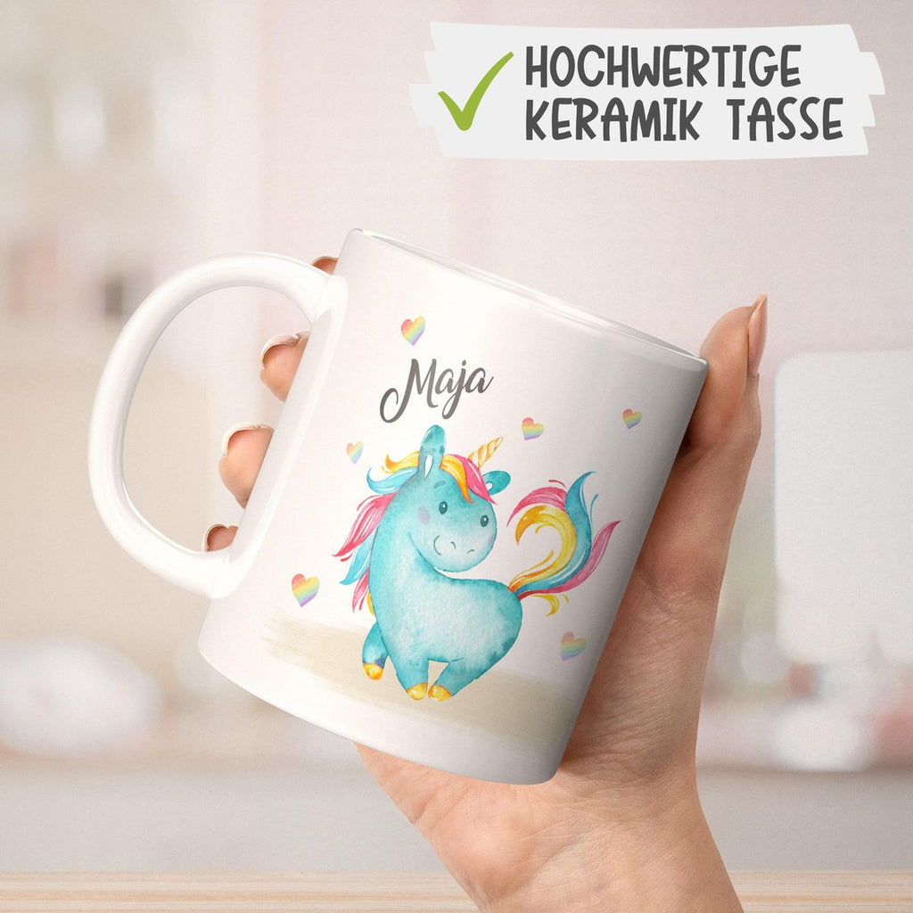 Keramik Tasse Niedliches Einhorn mit Regenbogenherzen personalisiert mit Wunschname - von Mikalino