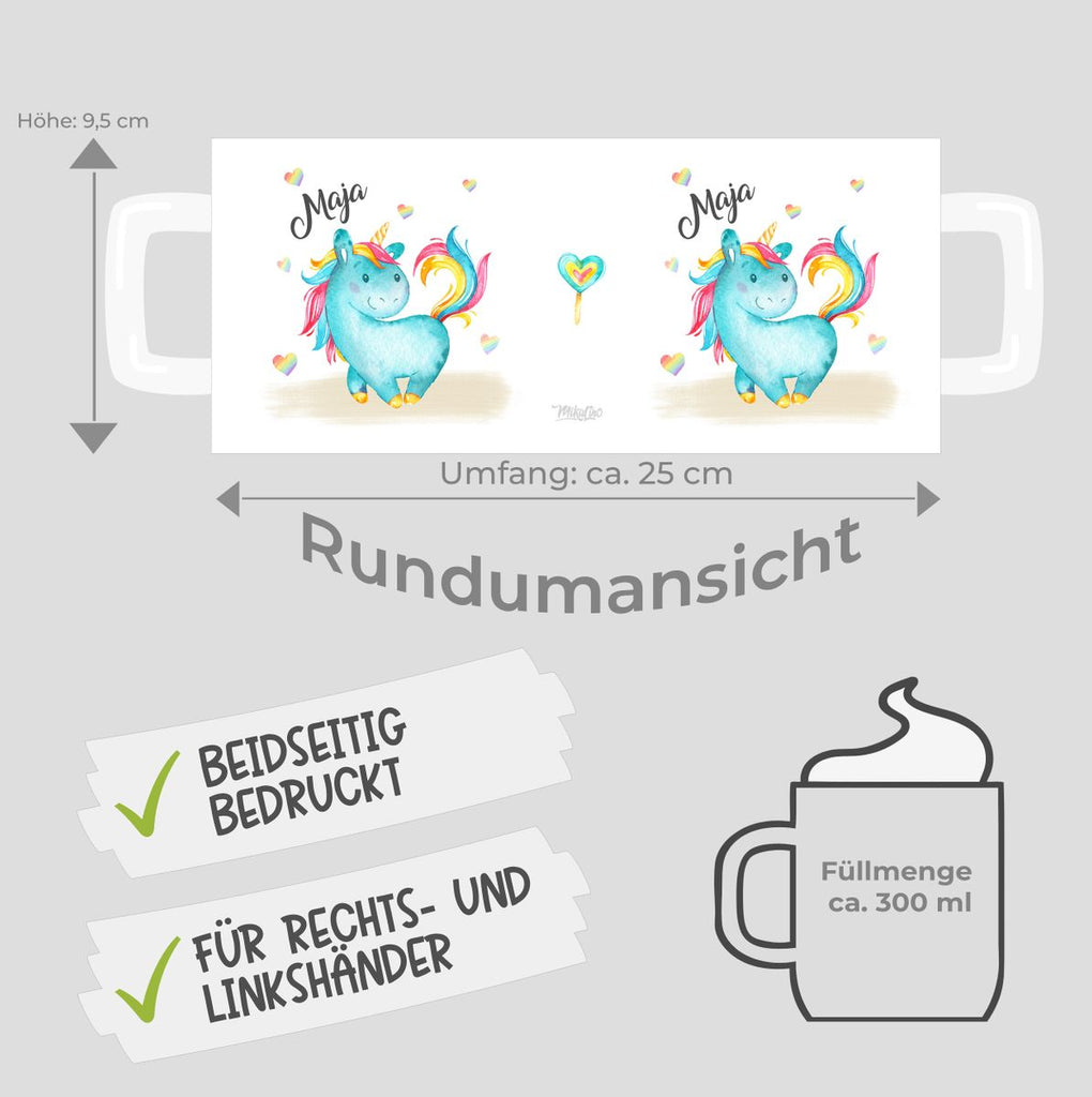 Keramik Tasse Niedliches Einhorn mit Regenbogenherzen personalisiert mit Wunschname - von Mikalino