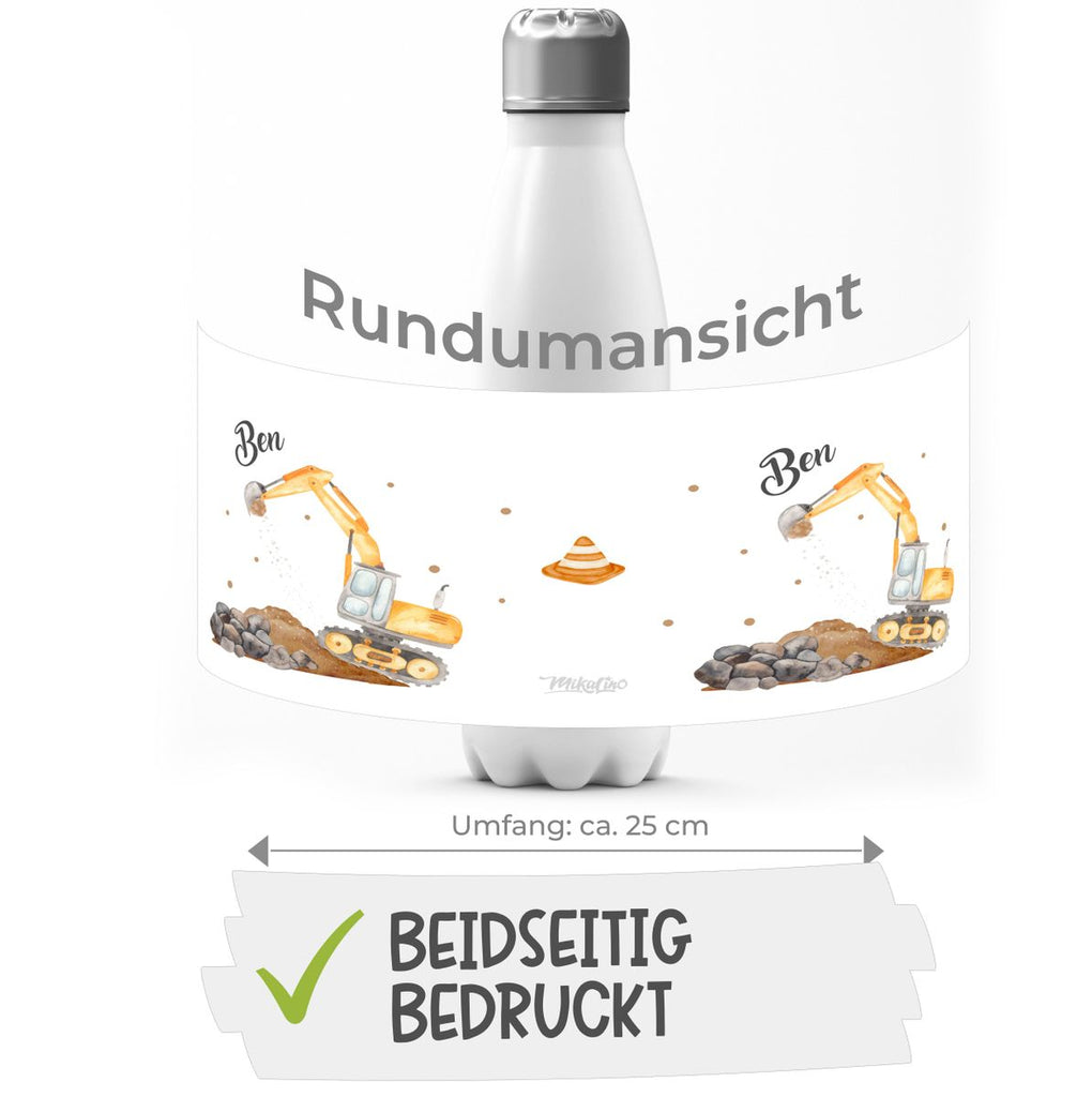 Thermo Trinkflasche Bagger auf der Baustelle personalisiert mit Wunschname - von Mikalino