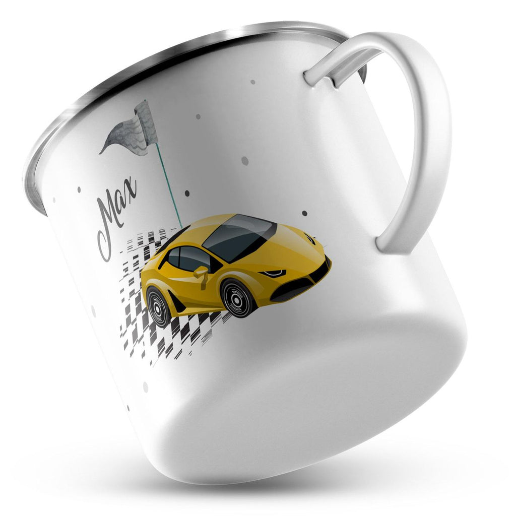 Emaille Tasse Schnelles Rennauto personalisiert mit Wunschname - von Mikalino