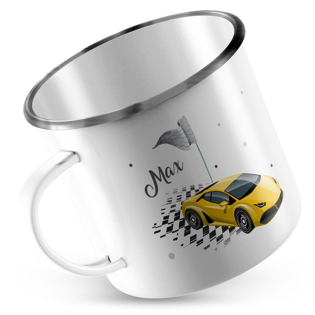 Emaille Tasse Schnelles Rennauto personalisiert mit Wunschname - von Mikalino