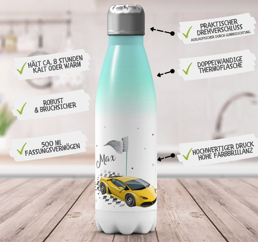 Thermo Trinkflasche Schnelles Rennauto personalisiert mit Wunschname - von Mikalino