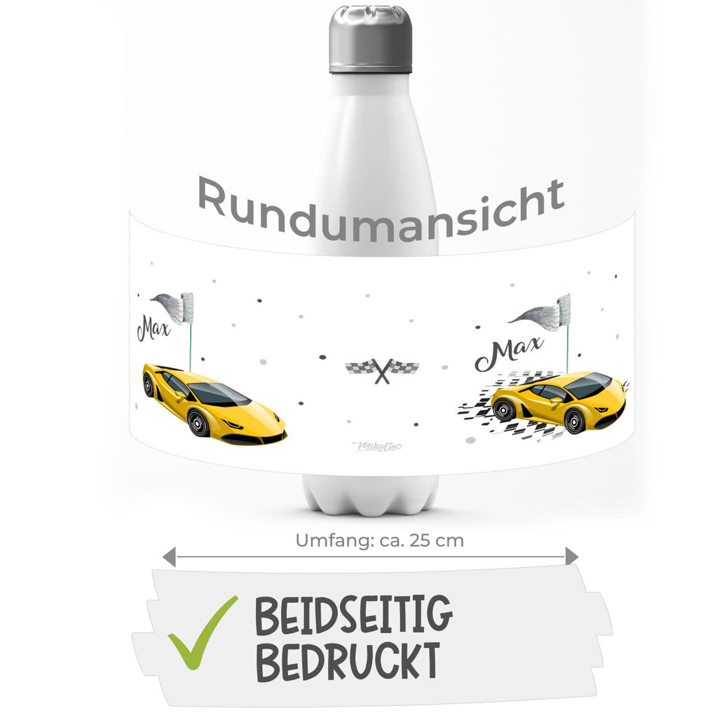 Thermo Trinkflasche Schnelles Rennauto personalisiert mit Wunschname - von Mikalino