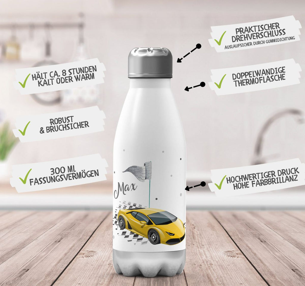 Thermo Trinkflasche Schnelles Rennauto personalisiert mit Wunschname - von Mikalino