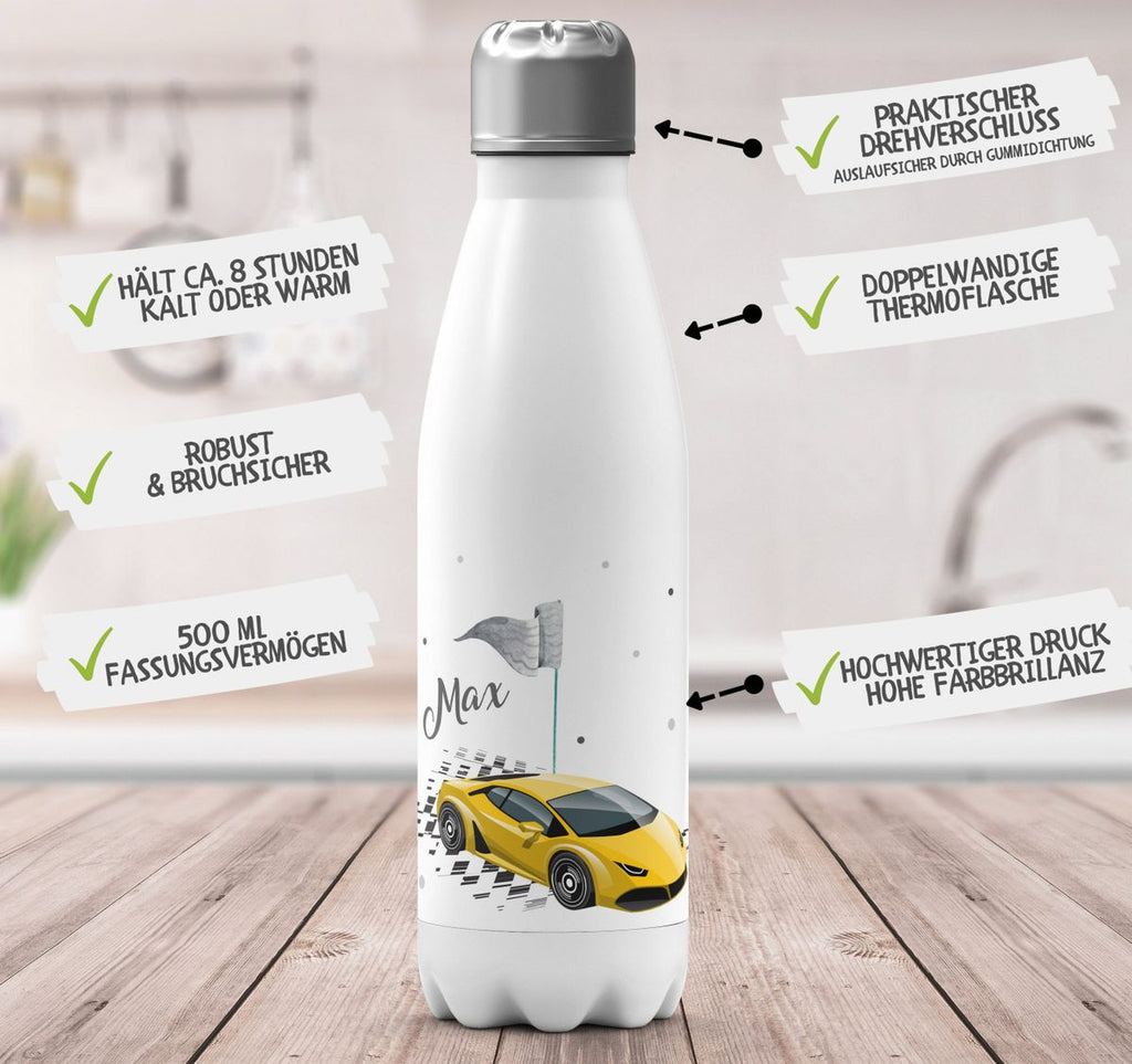 Thermo Trinkflasche Schnelles Rennauto personalisiert mit Wunschname - von Mikalino