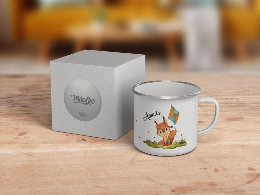 Emaille Tasse Eichhörnchen mit Drache personalisiert mit Wunschname - von Mikalino