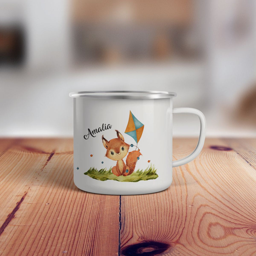 Emaille Tasse Eichhörnchen mit Drache personalisiert mit Wunschname - von Mikalino