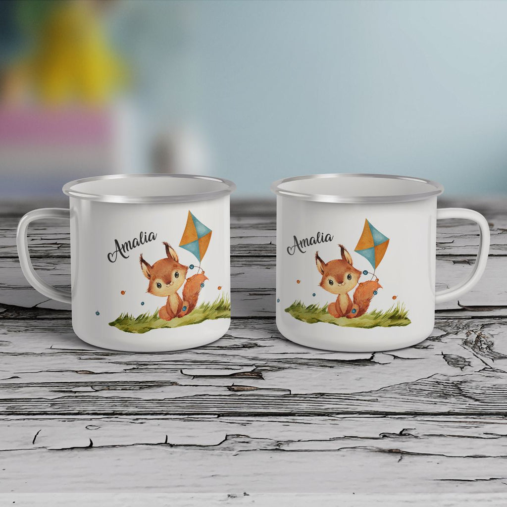 Emaille Tasse Eichhörnchen mit Drache personalisiert mit Wunschname - von Mikalino