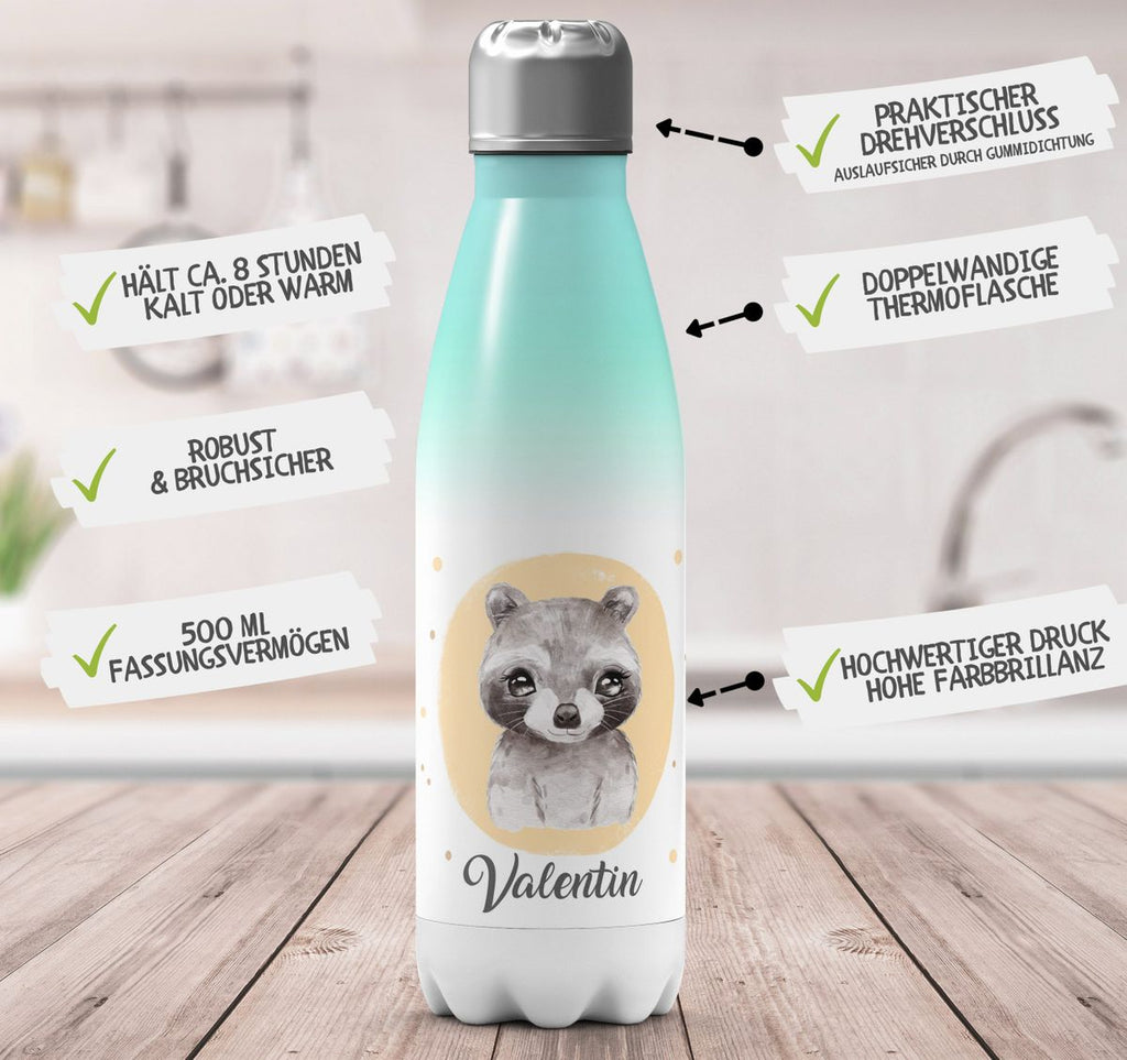 Thermo Trinkflasche Kleiner Waschbär personalisiert mit Wunschname - von Mikalino