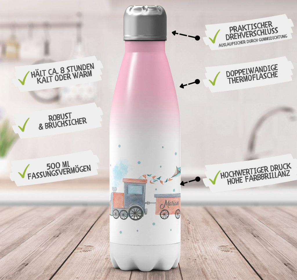 Thermo Trinkflasche Bunte Dampflok personalisiert mit Wunschname - von Mikalino