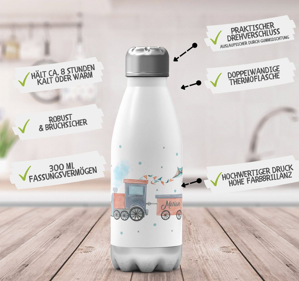 Thermo Trinkflasche Bunte Dampflok personalisiert mit Wunschname - von Mikalino