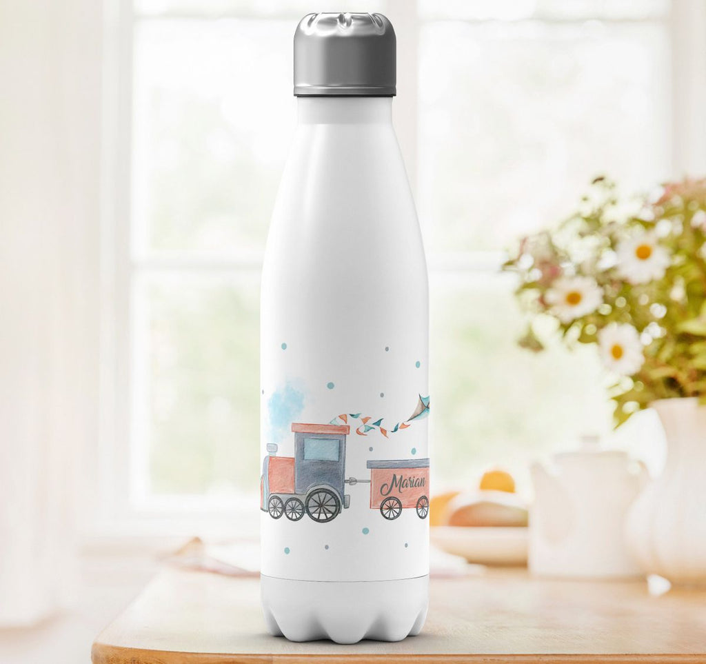 Thermo Trinkflasche Bunte Dampflok personalisiert mit Wunschname - von Mikalino