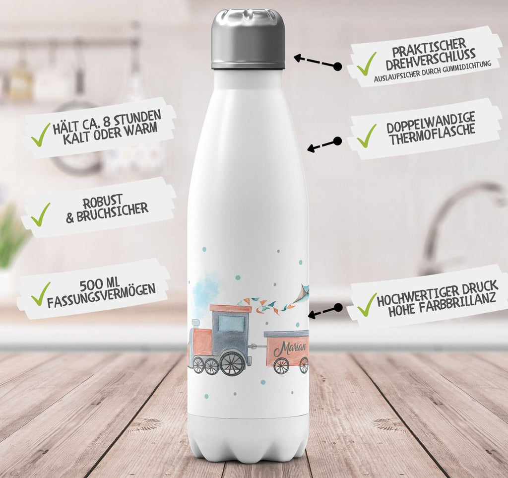 Thermo Trinkflasche Bunte Dampflok personalisiert mit Wunschname - von Mikalino