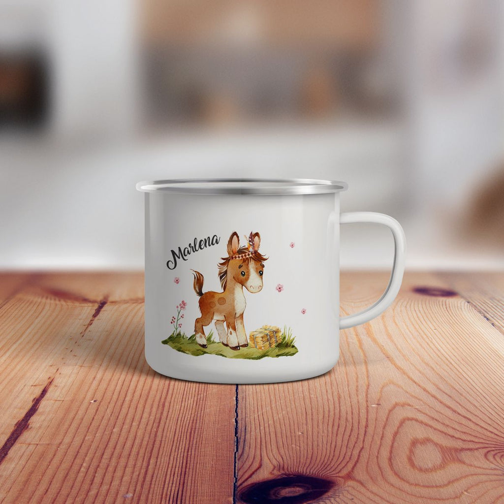 Emaille Tasse Süßes Pony personalisiert mit Wunschname - von Mikalino