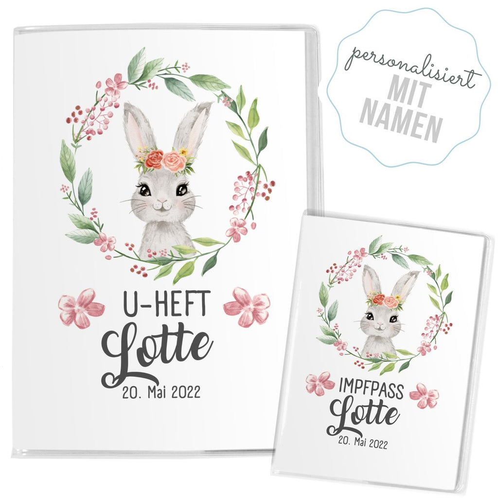 Mikalino Hülle für U-Heft und Impfpass Set 3-teilig personalisierbar Hase Blumenkranz - von Mikalino