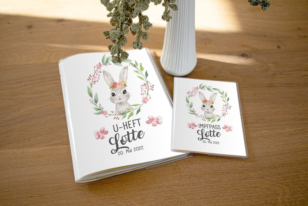 Mikalino Hülle für U-Heft und Impfpass Set 3-teilig personalisierbar Hase Blumenkranz - von Mikalino