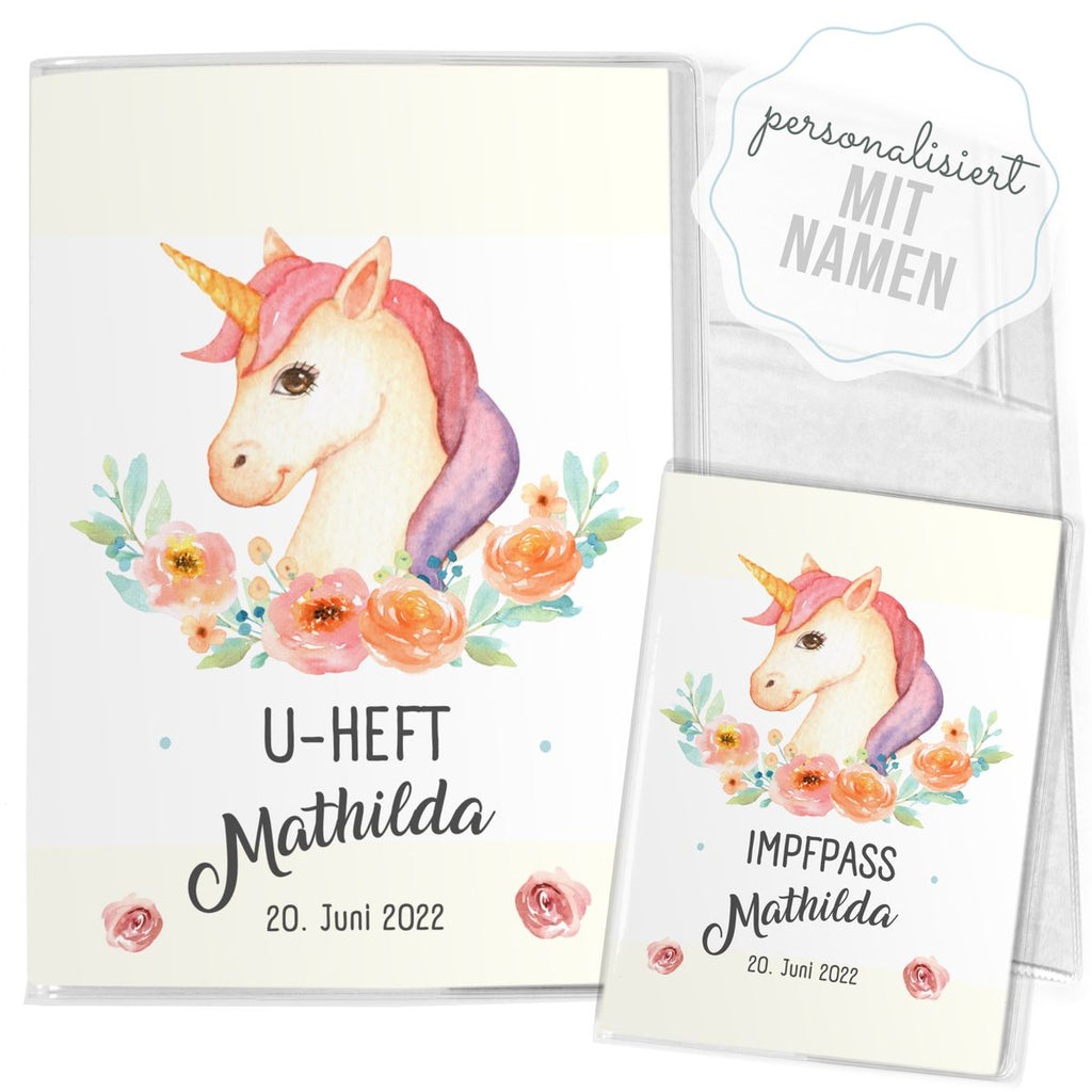 Mikalino Hülle für U-Heft und Impfpass personalisiert Buntes Einhorn mit Blumenranke - von Mikalino