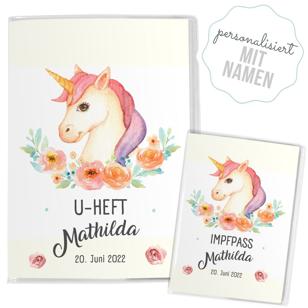 Mikalino Hülle für U-Heft und Impfpass personalisiert Buntes Einhorn mit Blumenranke - von Mikalino