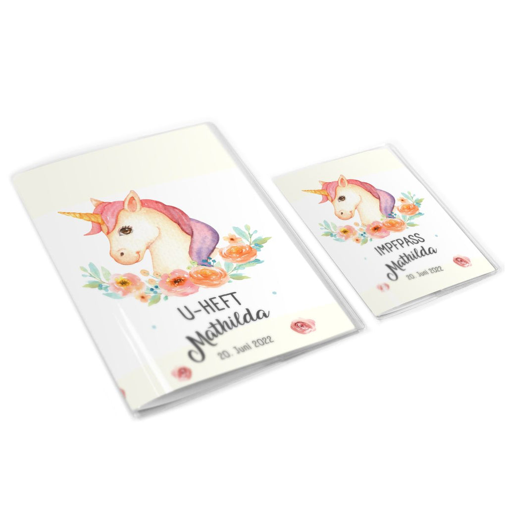 Mikalino Hülle für U-Heft und Impfpass personalisiert Buntes Einhorn mit Blumenranke - von Mikalino