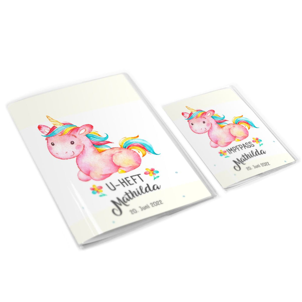 Mikalino Hülle für U-Heft und Impfpass personalisiert Baby Einhorn pink liegend - von Mikalino