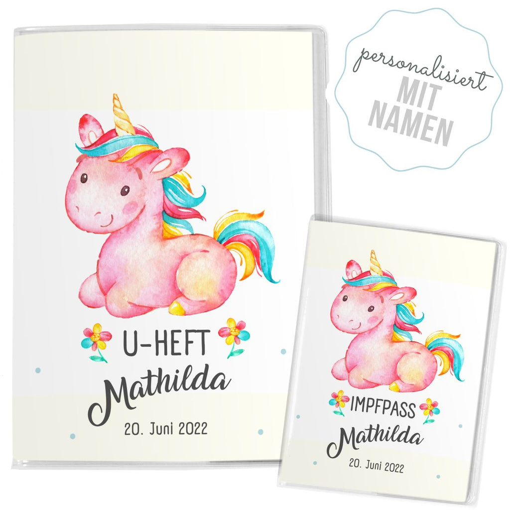 Mikalino Hülle für U-Heft und Impfpass personalisiert Baby Einhorn pink liegend - von Mikalino