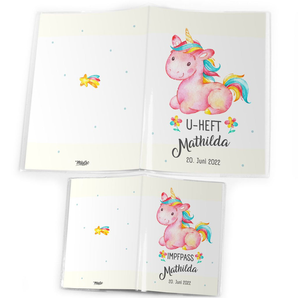 Mikalino Hülle für U-Heft und Impfpass personalisiert Baby Einhorn pink liegend - von Mikalino