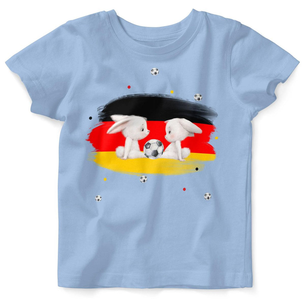 Baby / Kinder T-Shirt mit Spruch Zwei süße Fussball Hasen mit einer Deutschlandflagge - von Mikalino