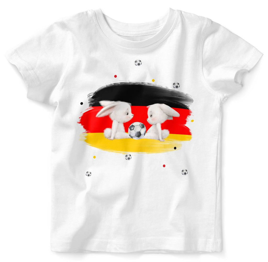 Baby / Kinder T-Shirt mit Spruch Zwei süße Fussball Hasen mit einer Deutschlandflagge - von Mikalino