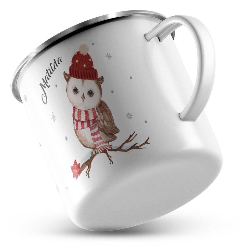 Emaille Tasse Eule im Winter auf einem Ast - von Mikalino