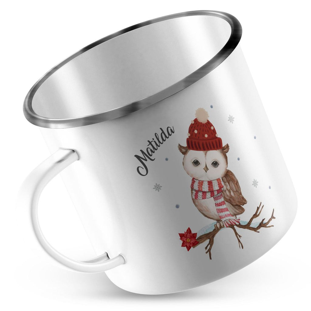 Emaille Tasse Eule im Winter auf einem Ast - von Mikalino