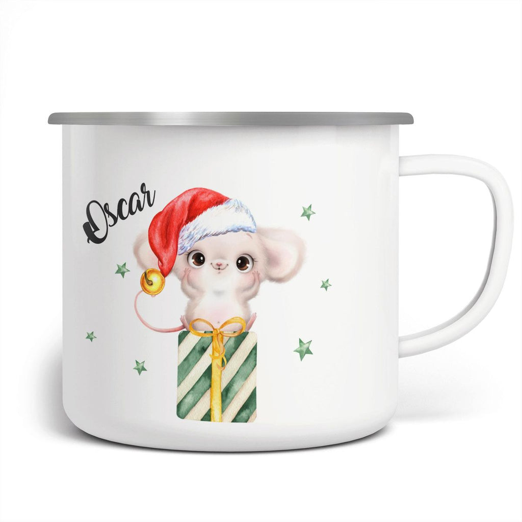 Emaille Tasse Süße Weihnachtsmaus auf einem Geschenk - von Mikalino