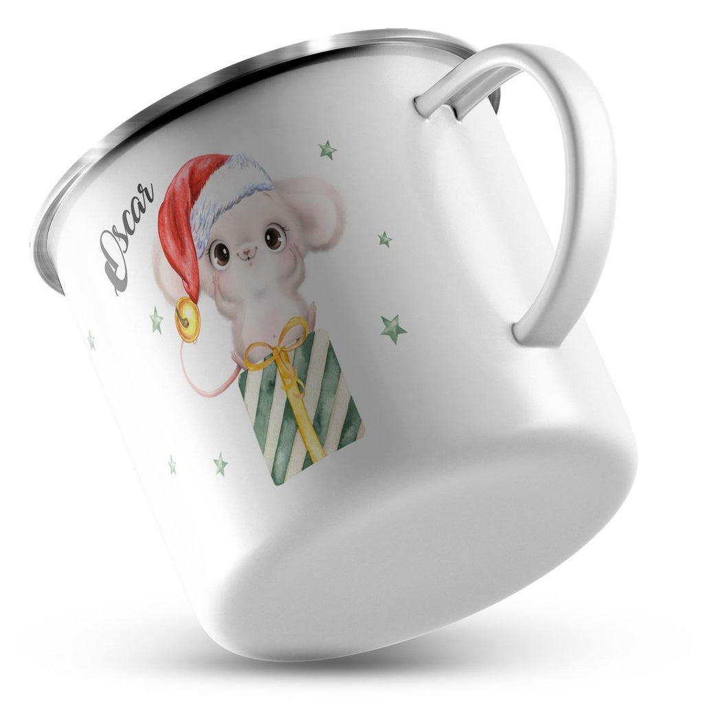 Emaille Tasse Süße Weihnachtsmaus auf einem Geschenk - von Mikalino