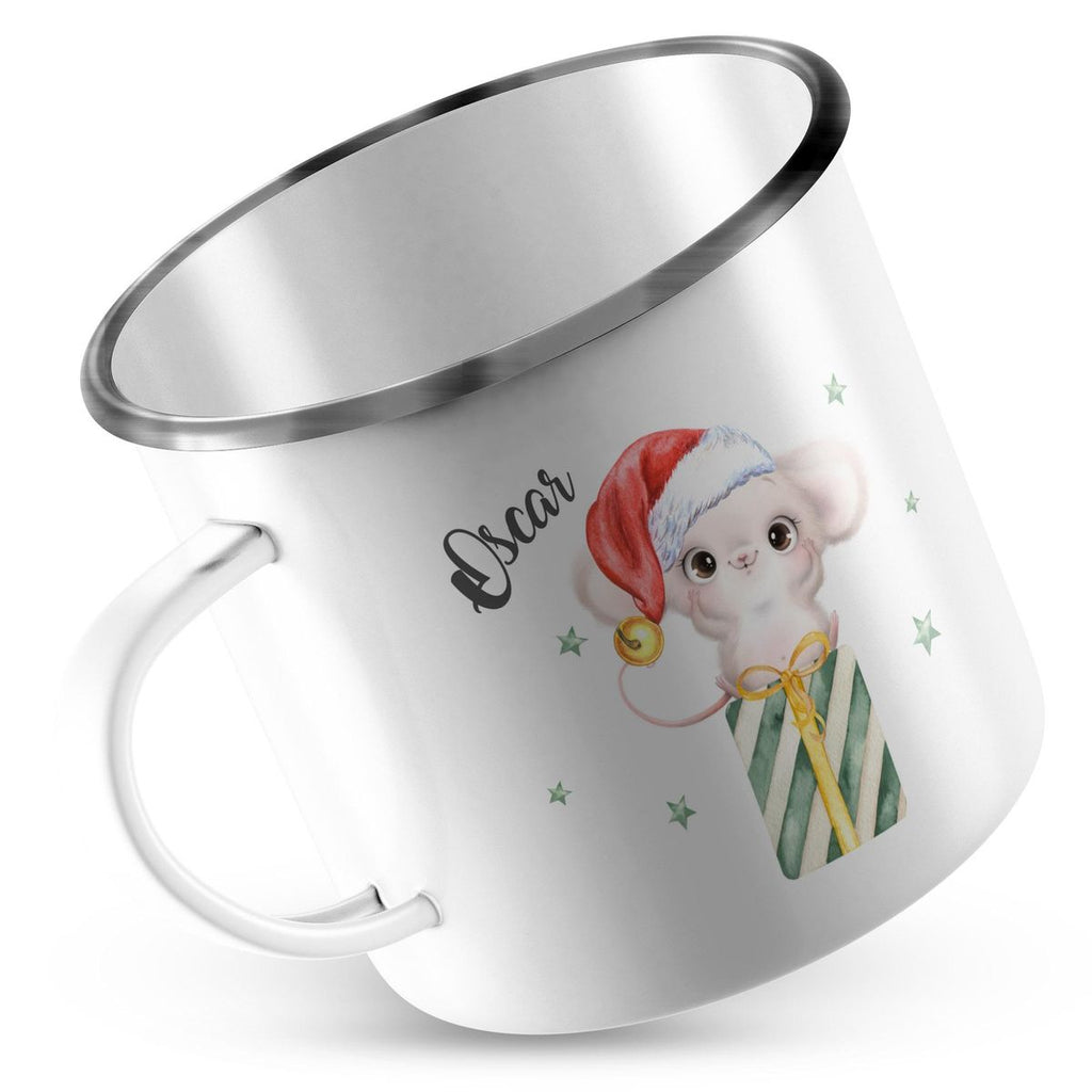 Emaille Tasse Süße Weihnachtsmaus auf einem Geschenk - von Mikalino