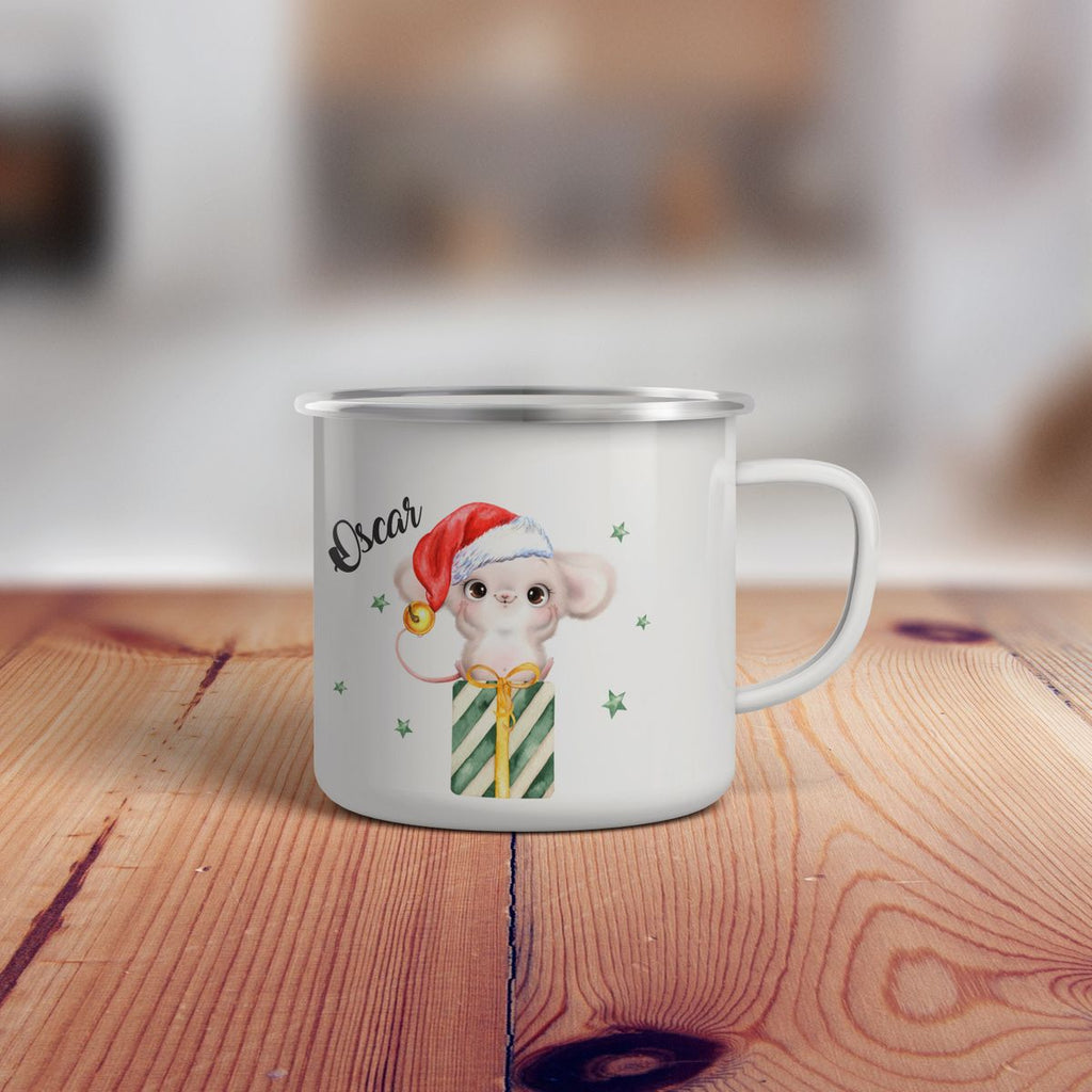 Emaille Tasse Süße Weihnachtsmaus auf einem Geschenk - von Mikalino