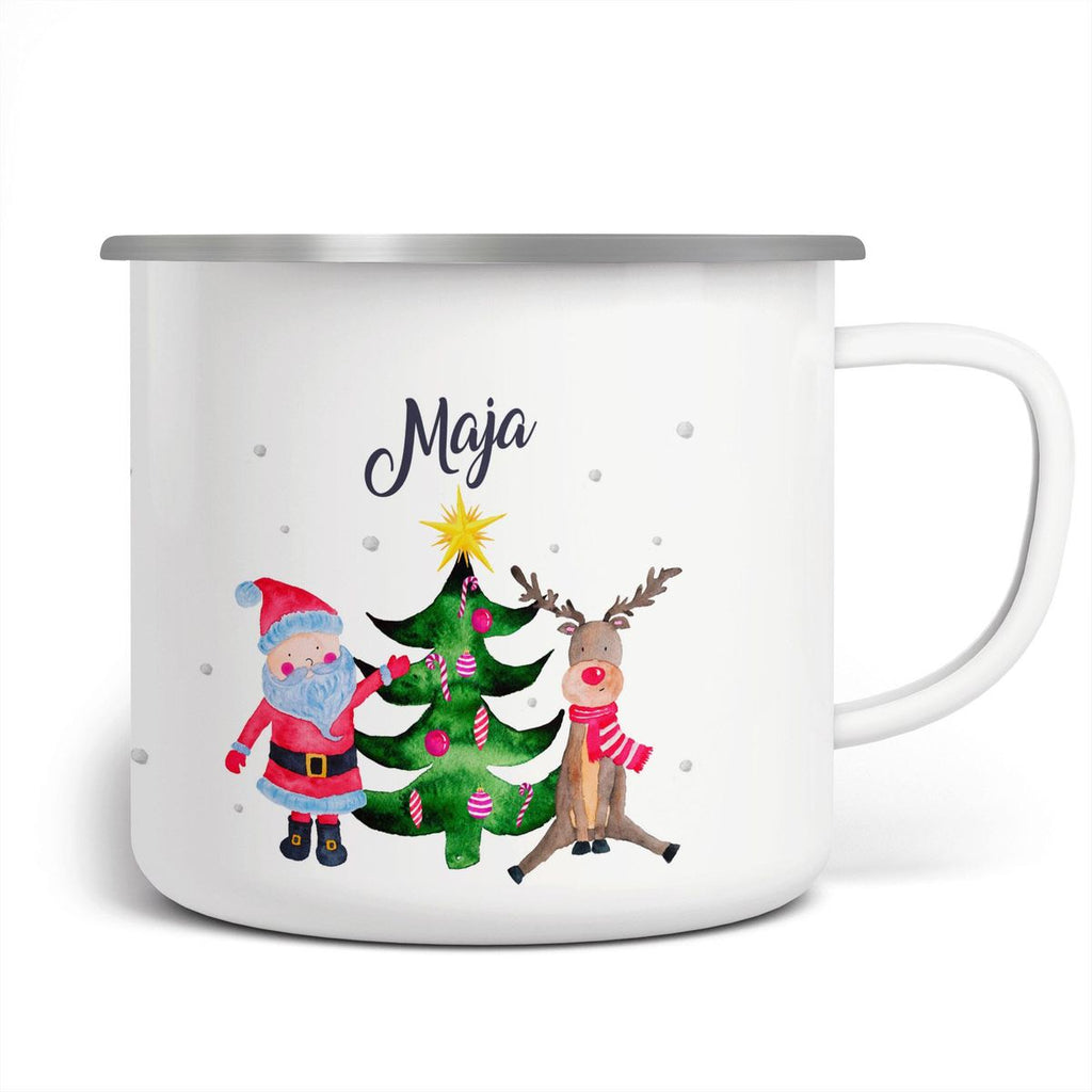 Emaille Tasse Fröhliches Weihnachtstrio im Winter - von Mikalino