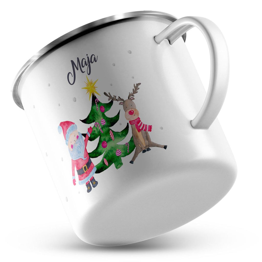 Emaille Tasse Fröhliches Weihnachtstrio im Winter - von Mikalino