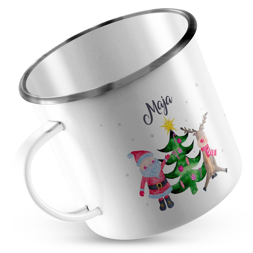 Emaille Tasse Fröhliches Weihnachtstrio im Winter - von Mikalino