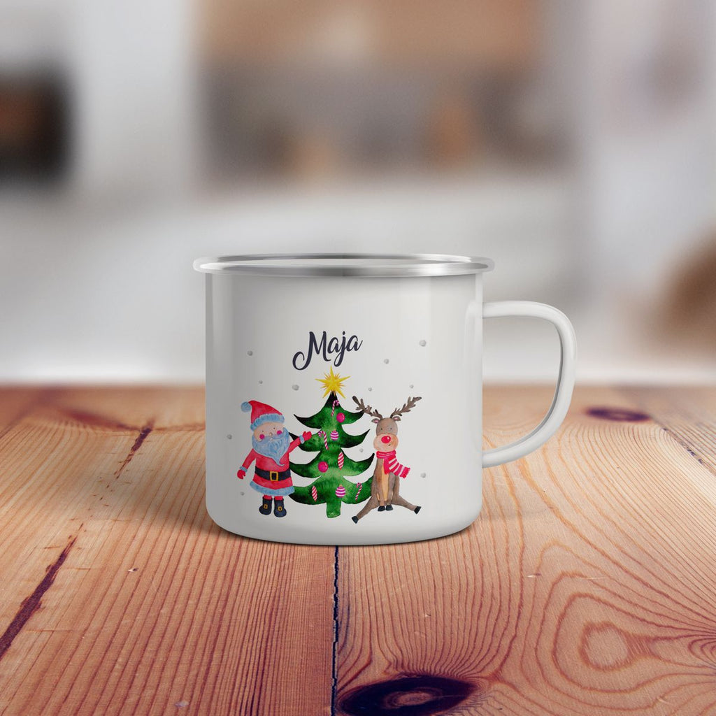 Emaille Tasse Fröhliches Weihnachtstrio im Winter - von Mikalino