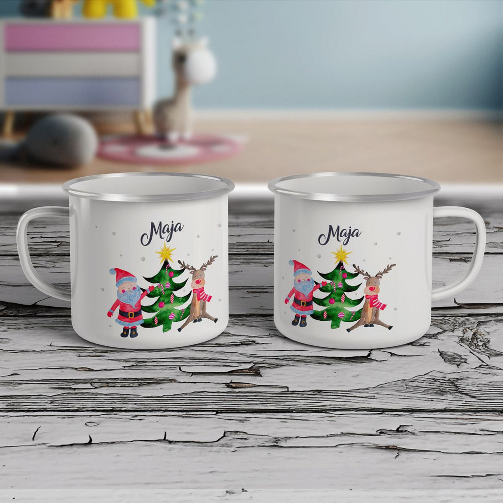 Emaille Tasse Fröhliches Weihnachtstrio im Winter - von Mikalino