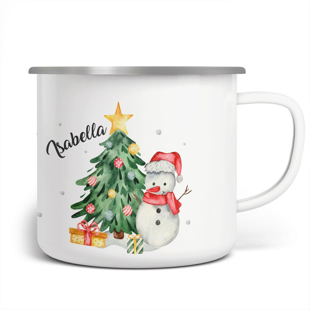 Emaille Tasse Fröhlicher Schneemann mit Weihnachtsbaum im Schnee - von Mikalino